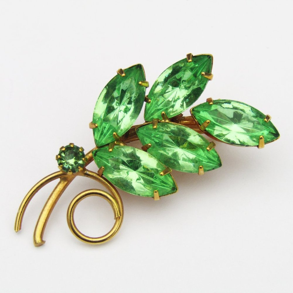 Vintage Rhinestone Brooch Floral Green Mid-Century